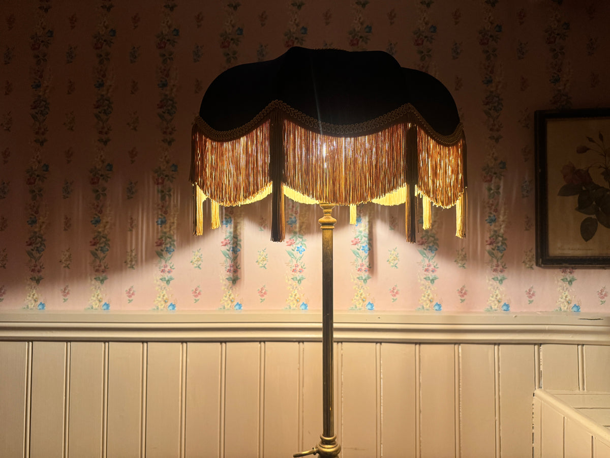 Handmade Navy Blue Velvet Fringe Lampshade With Gold Silk Fringe & Tassels