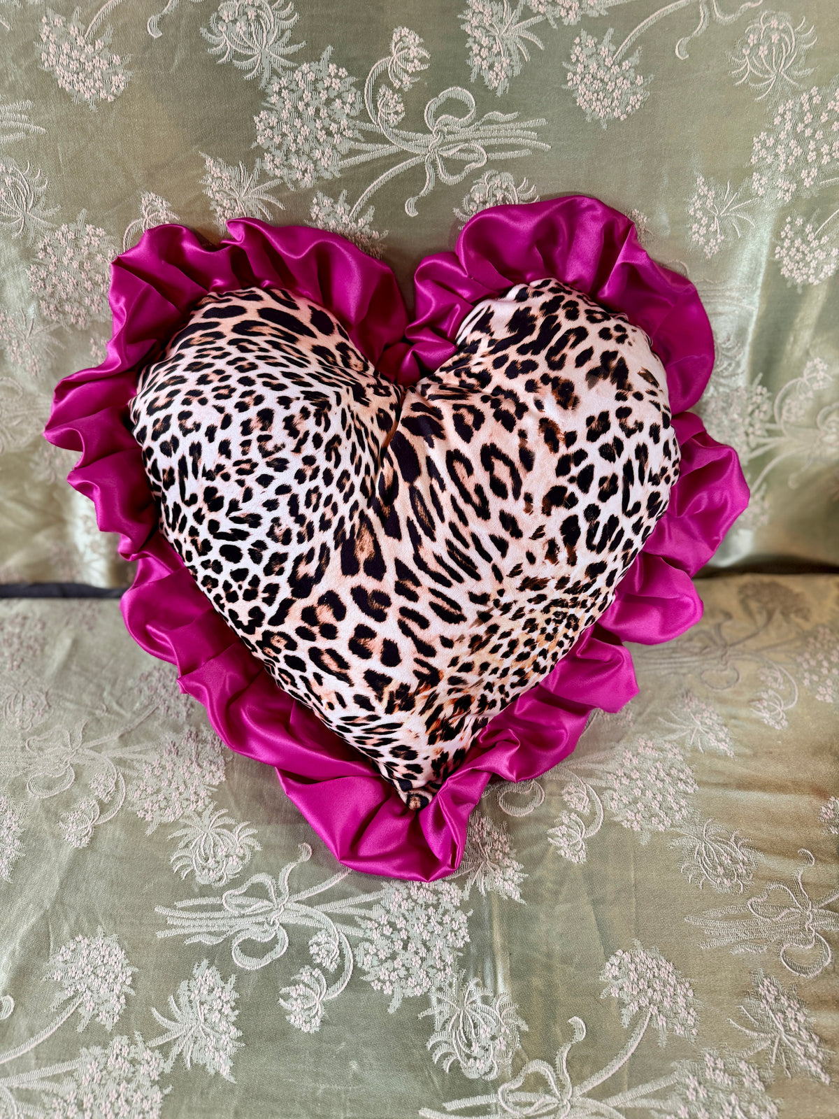 Handmade Leopard Print Velvet & Hot Pink Heart Ruffle Cushion