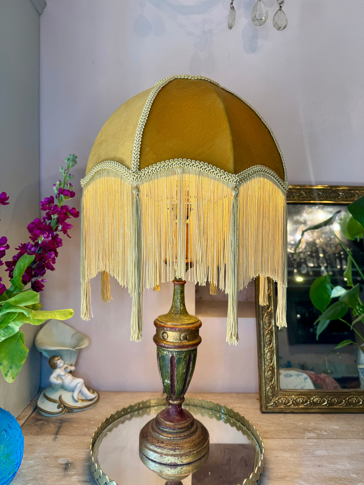 Handmade Mustard Velvet Lampshade with Gold Silk Fringe