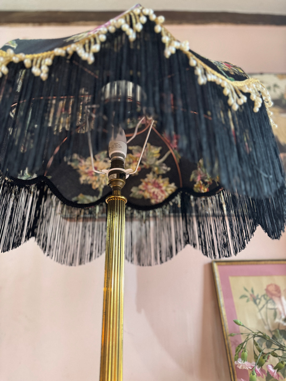 Handmade Black Floral Vintage Fringe Lampshade - One Of A Kind
