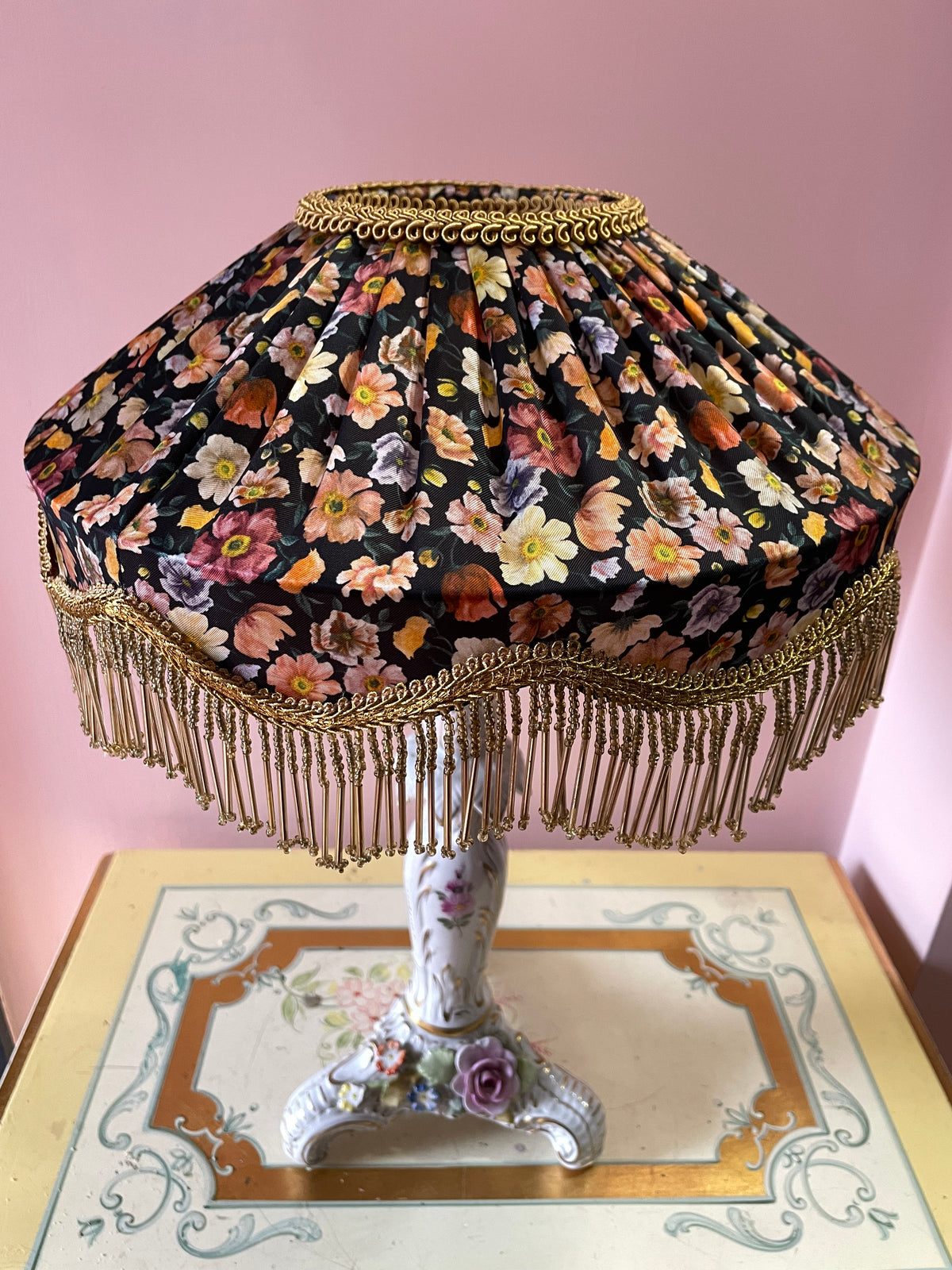Handmade Dark floral Liberty Silk Beaded Lampshade
