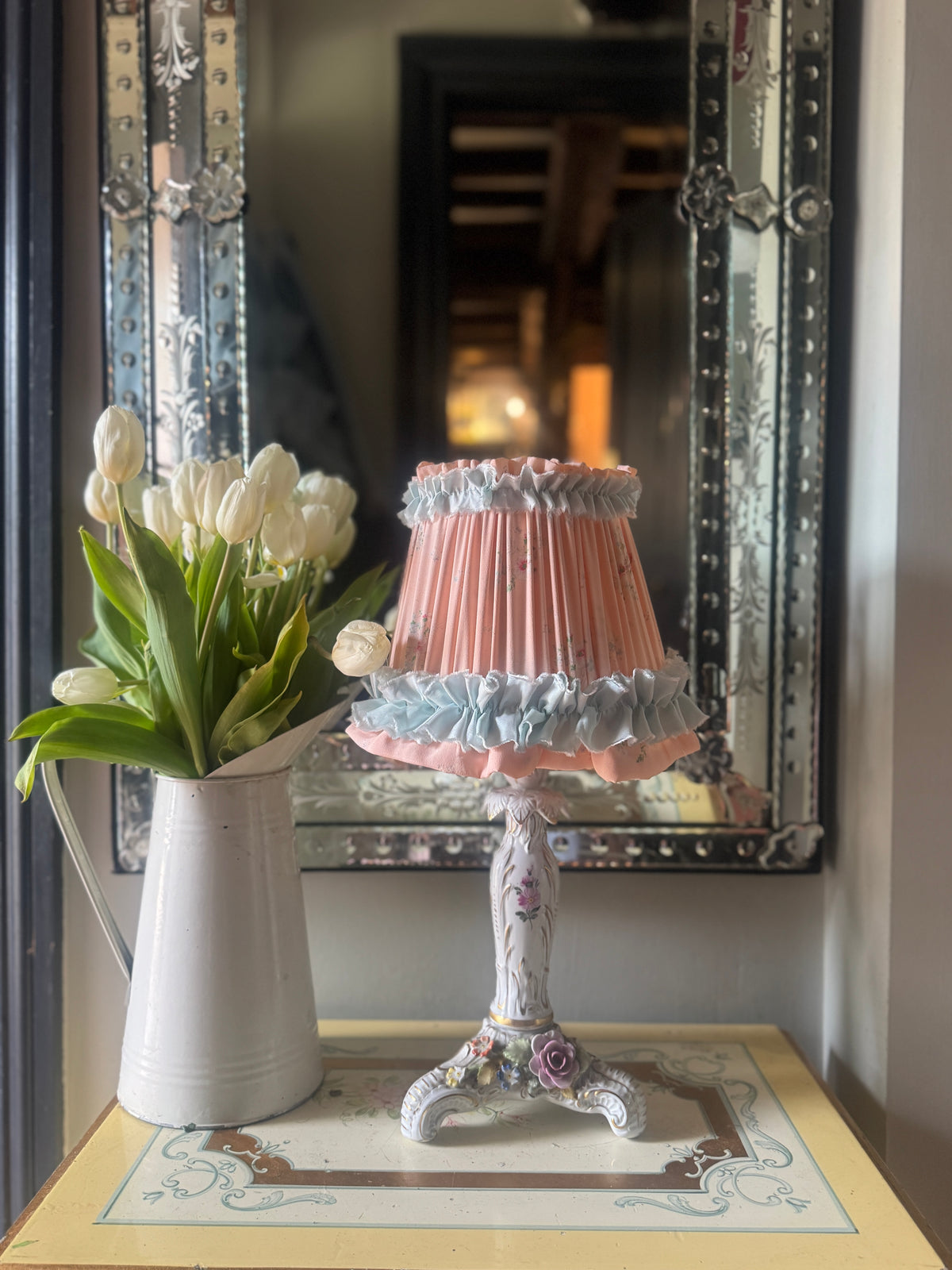 “Cynthia” Handmade Pleated Lampshade in Vintage 1950s Peach Floral Fabric with Blue Frill