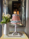 “Cynthia” Handmade Pleated Lampshade in Vintage 1950s Peach Floral Fabric with Blue Frill