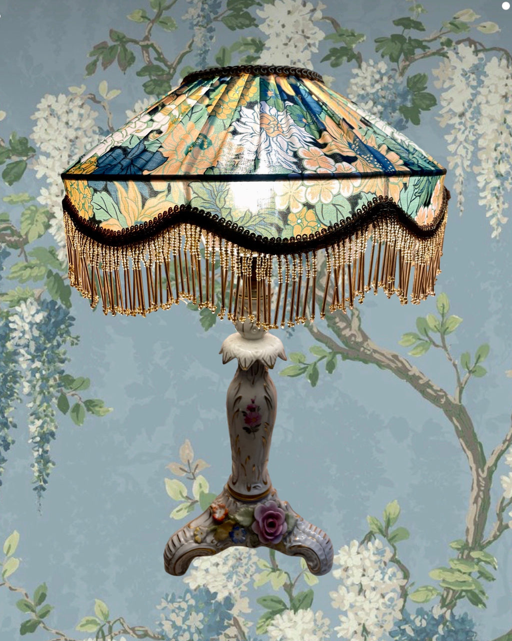 Handmade Floral Lampshade with Gold Bead Fringe