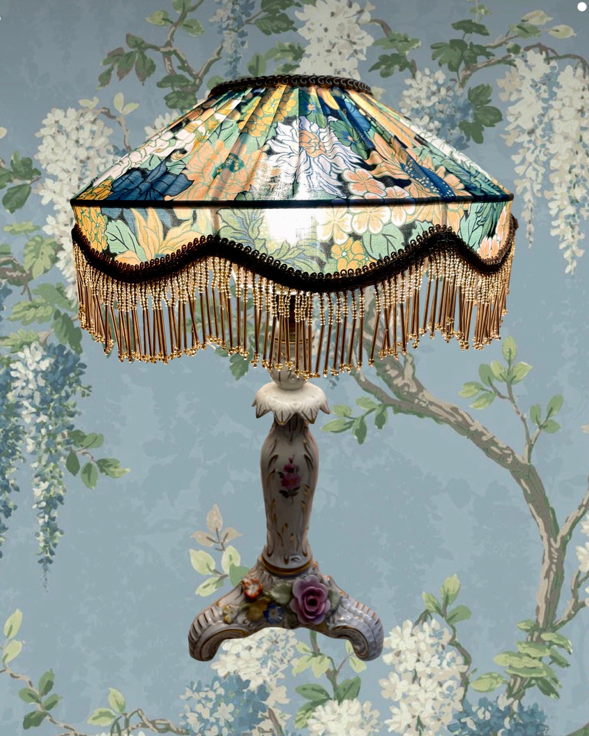 Handmade Floral Lampshade with Gold Bead Fringe