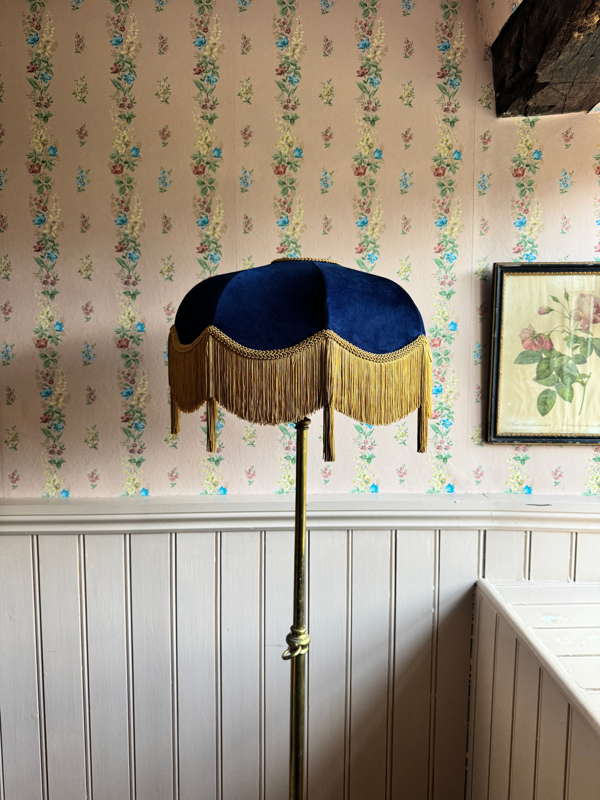 Handmade Navy Blue Velvet Fringe Lampshade With Gold Silk Fringe & Tassels