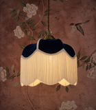Handmade Navy Blue Velvet Fringe Lampshade With Ivory Fringe and Matching Silk Braid
