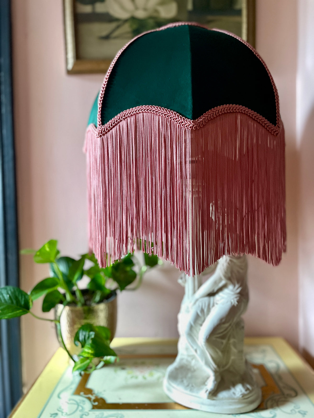 Handmade Bottle Green Velvet and Dusky Pink Fringe Lampshade