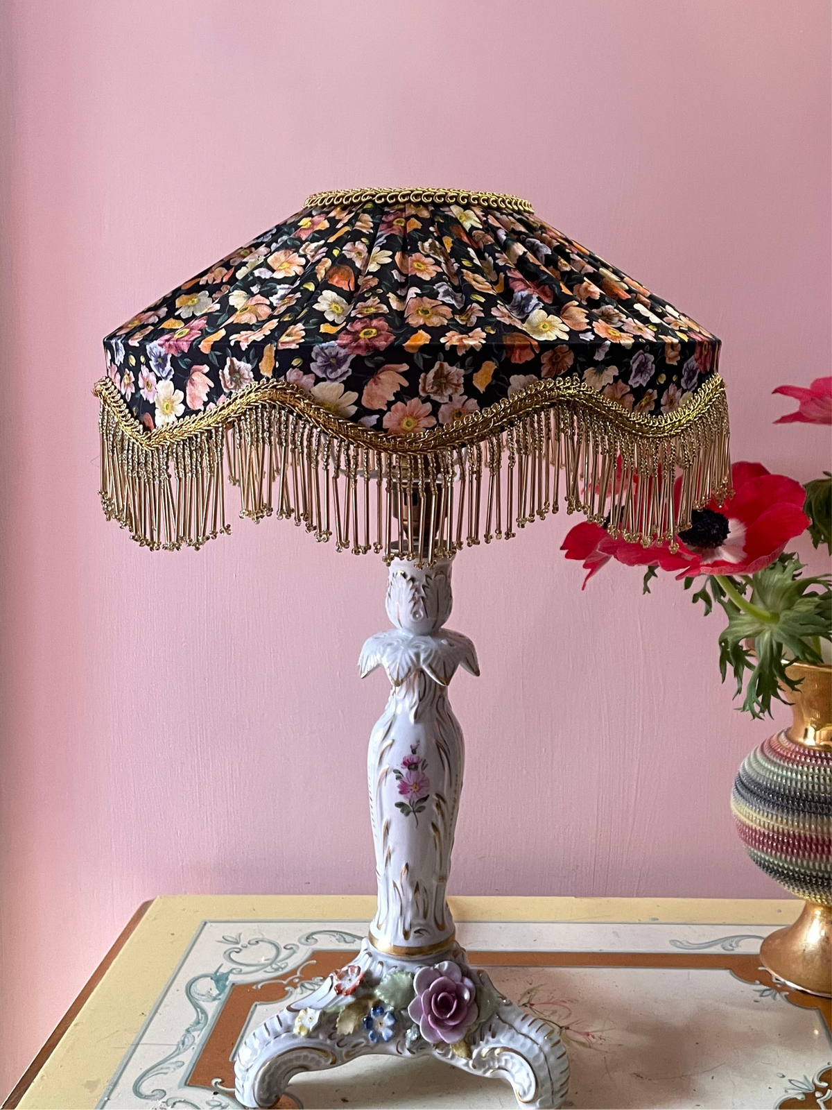 Handmade Dark floral Liberty Silk Beaded Lampshade