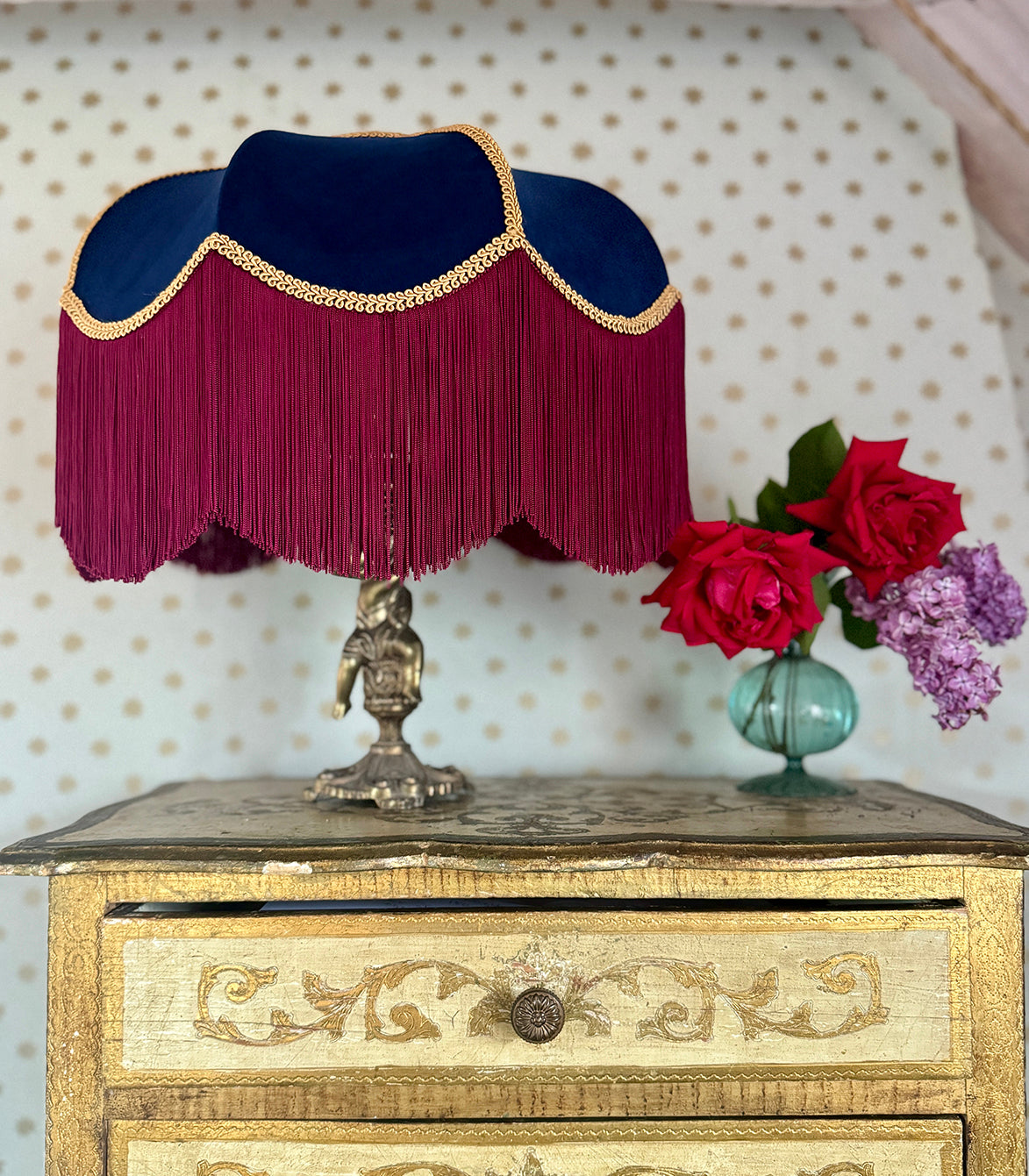 Handmade Navy Blue Velvet Fringe Lampshade With Red Wine Fringe and Gold Silk Braid