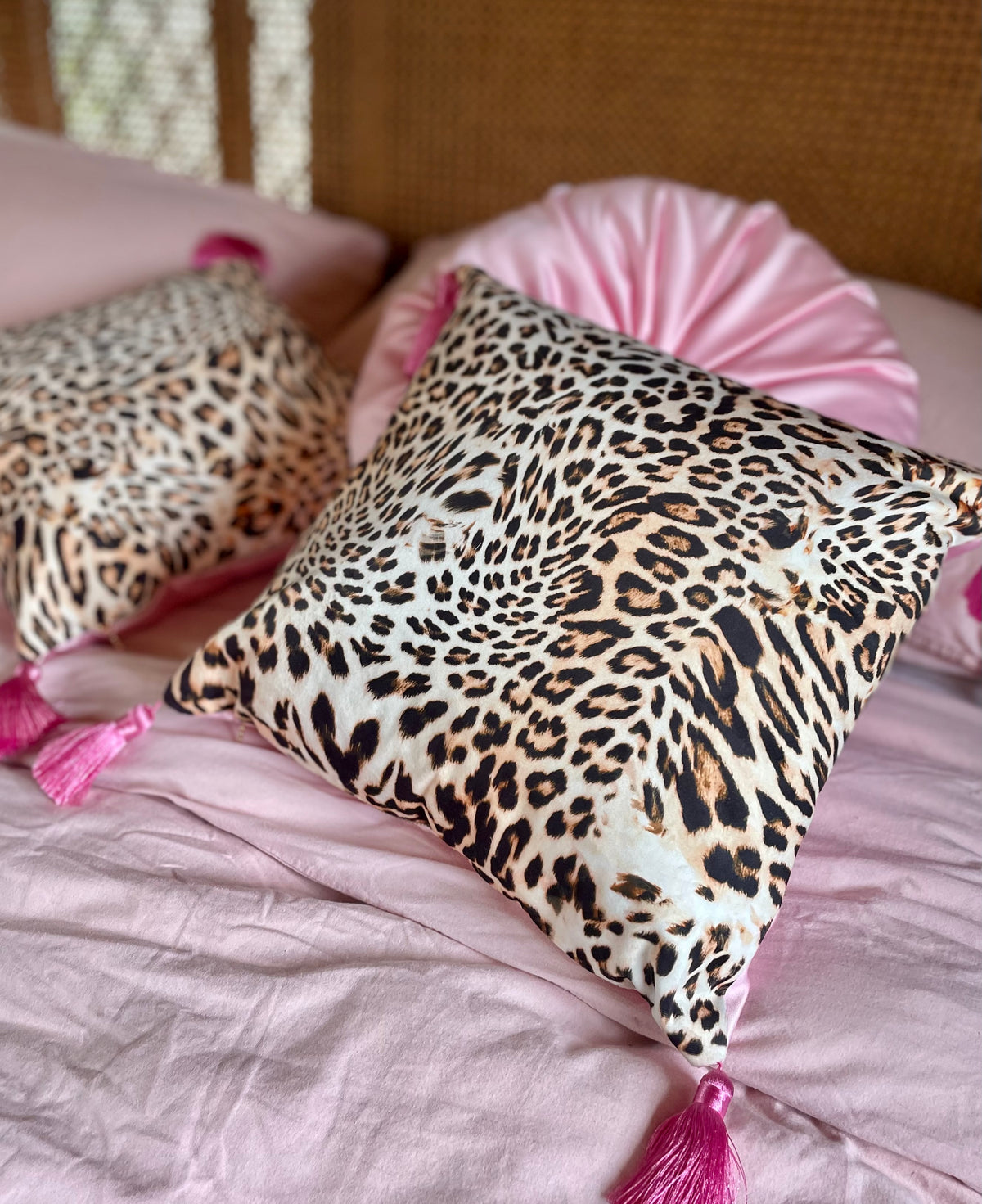 Veronica - Handmade Leopard Print Velvet and Pale Pink Satin Tassel Cushion
