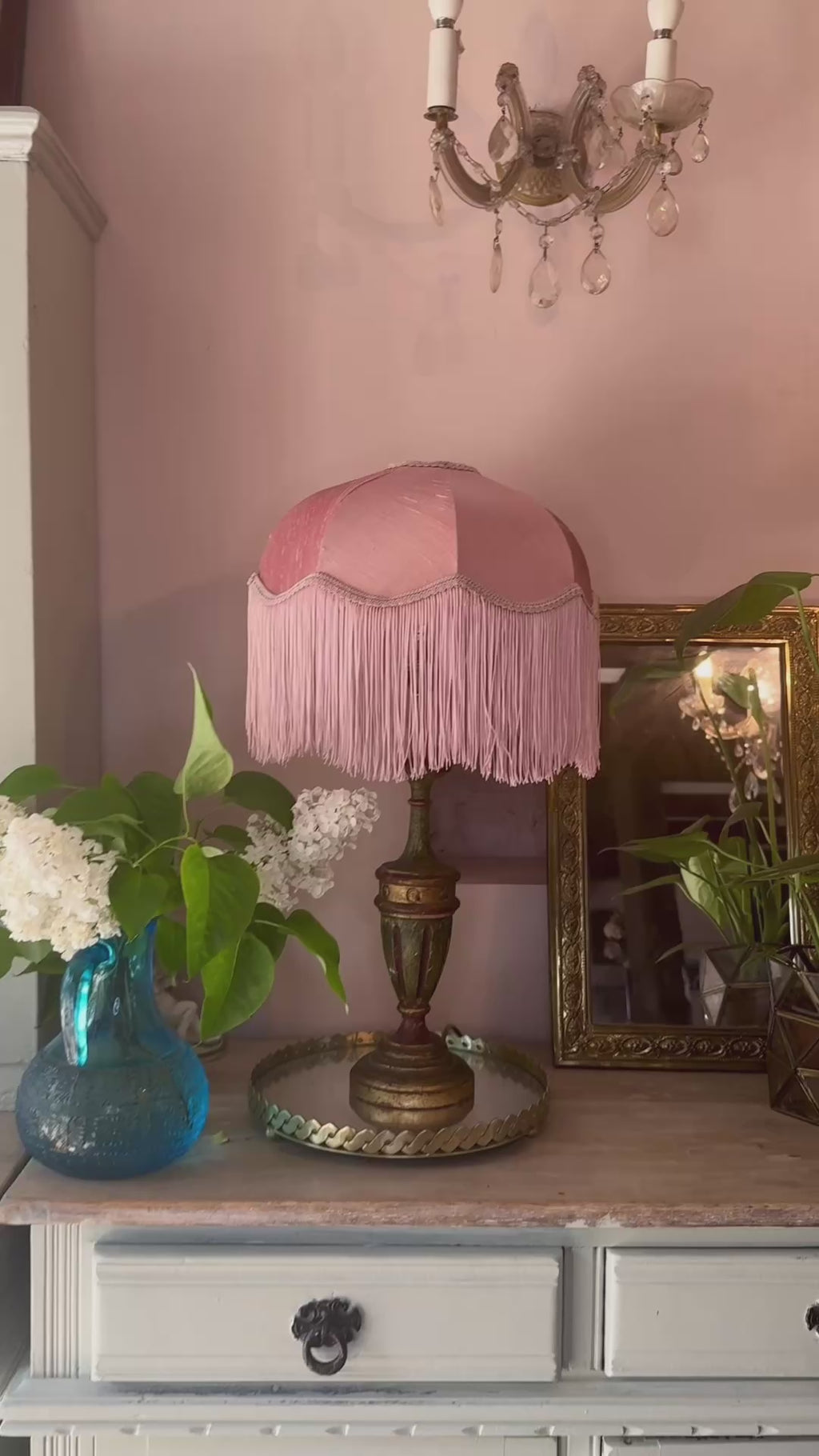 Handmade Antique Rose Pink Silk Fringe Lampshade