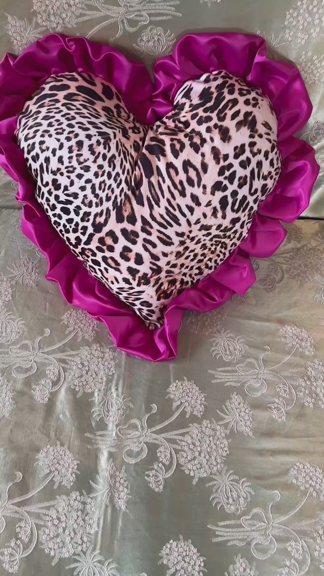 Handmade Leopard Print Velvet & Hot Pink Heart Ruffle Cushion