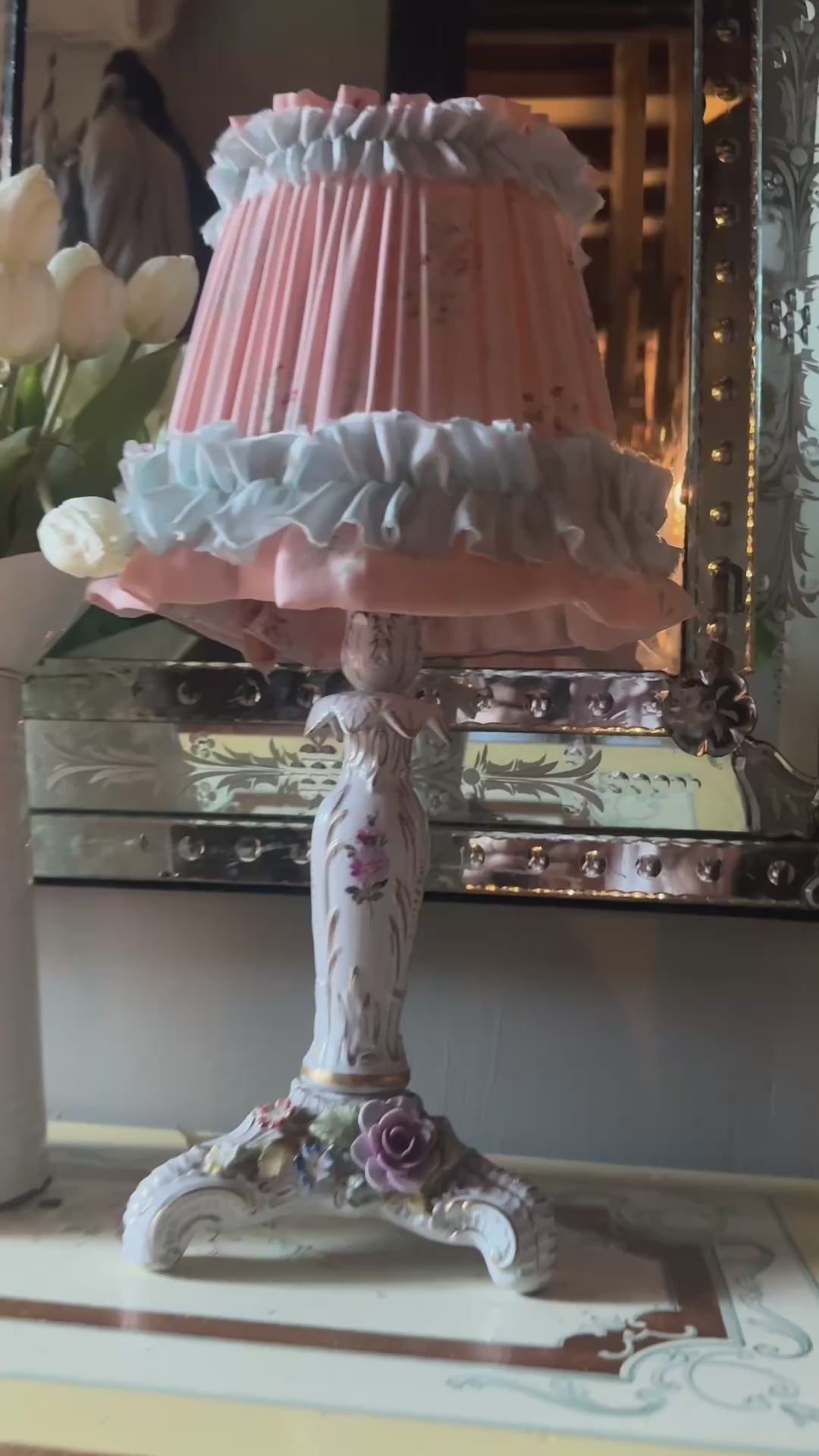 “Cynthia” Handmade Pleated Lampshade in Vintage 1950s Peach Floral Fabric with Blue Frill