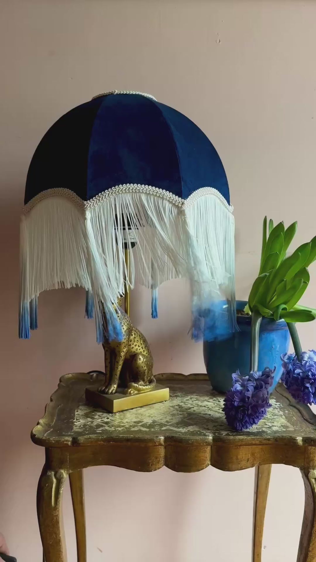 Handmade Navy Blue & White Dip Dye Fringe Lampshade