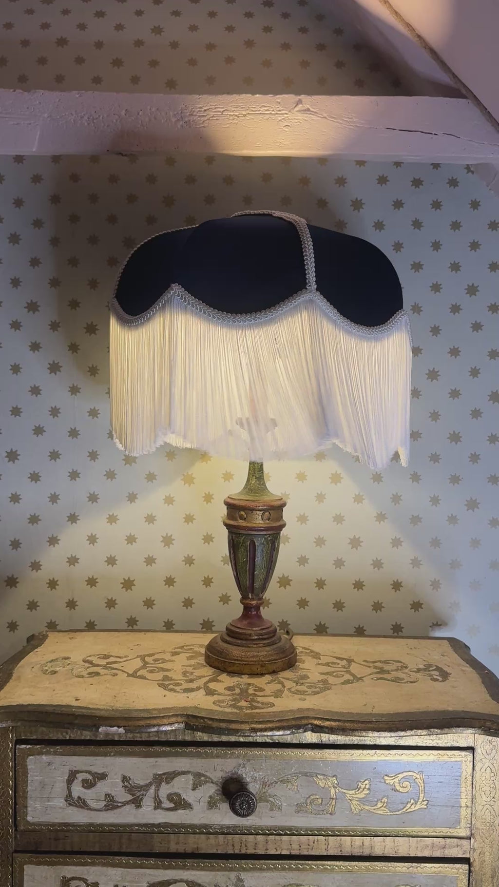 Handmade Navy Blue Velvet Fringe Lampshade With Ivory Fringe and Matching Silk Braid