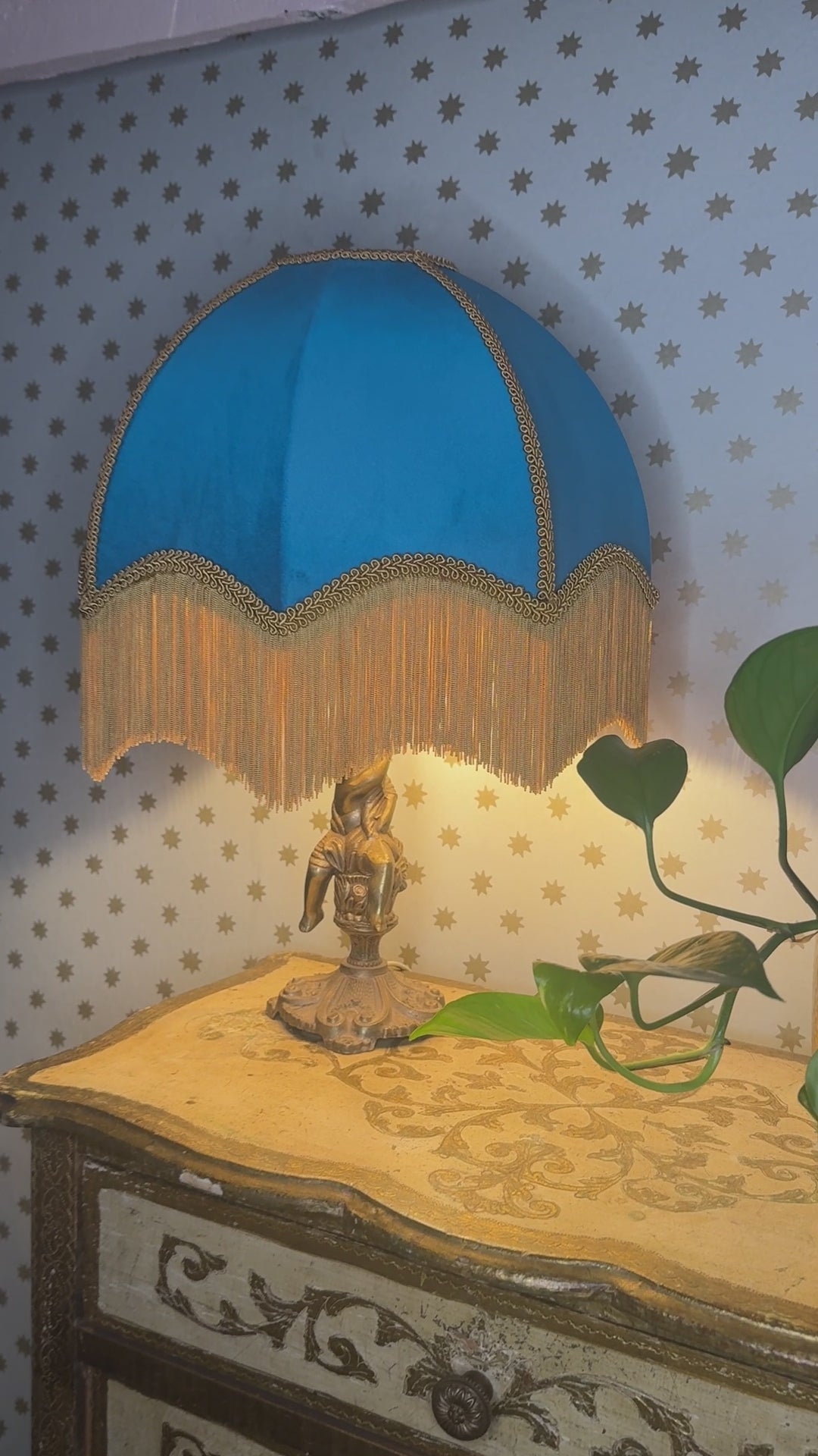 Handmade Sky Blue Velvet Lampshade With Gold Fringe