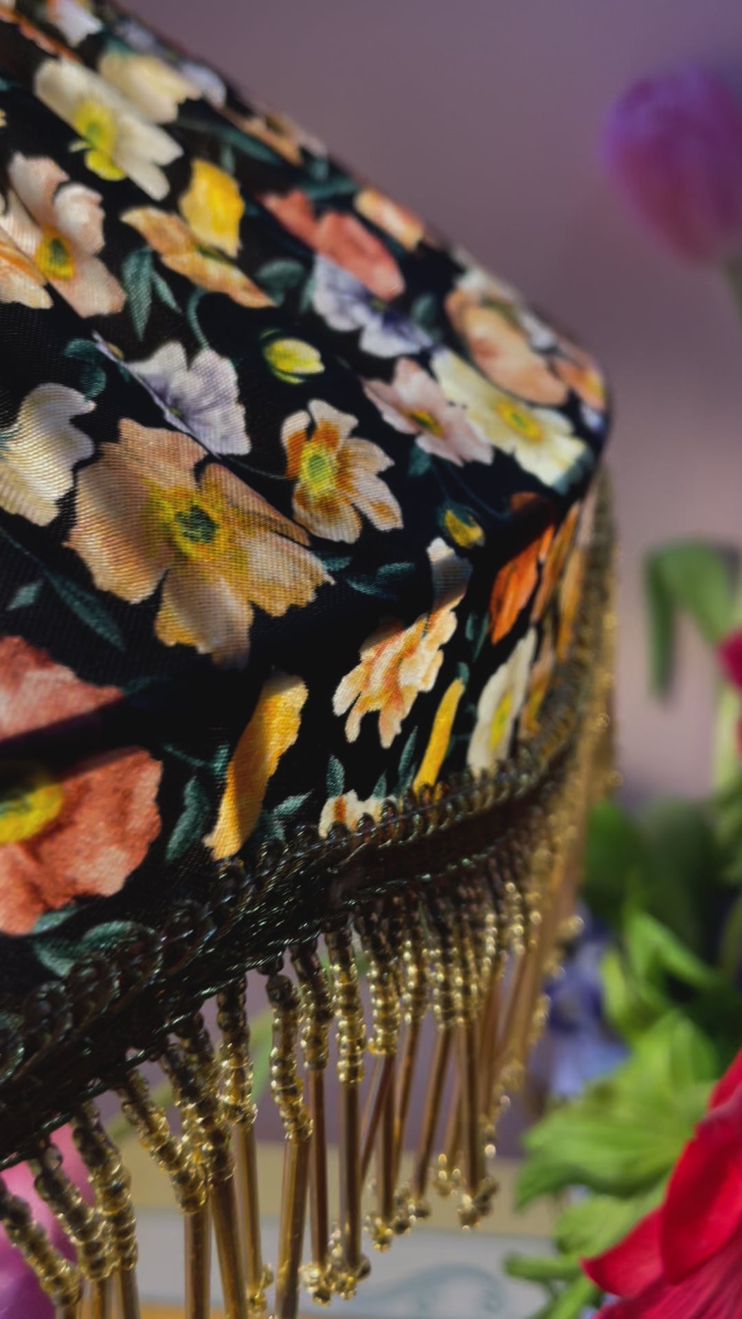 Handmade Dark floral Liberty Silk Beaded Lampshade