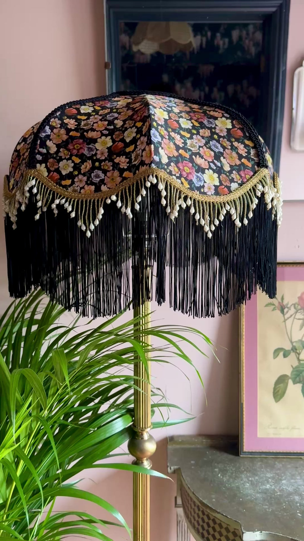 Handmade Black Floral Liberty Fringe Lampshade - One of a kind