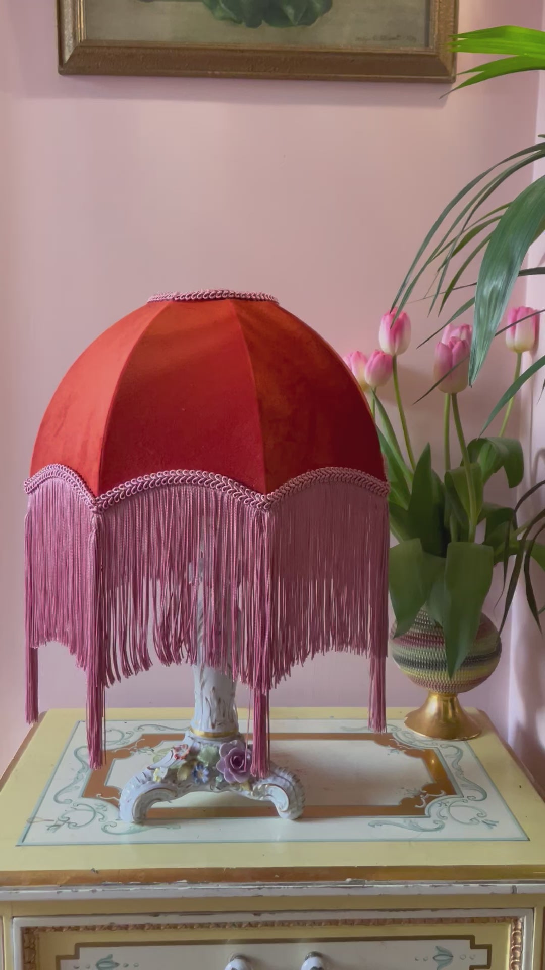 Handmade Coral Velvet and Dusky Pink Fringe Lampshade