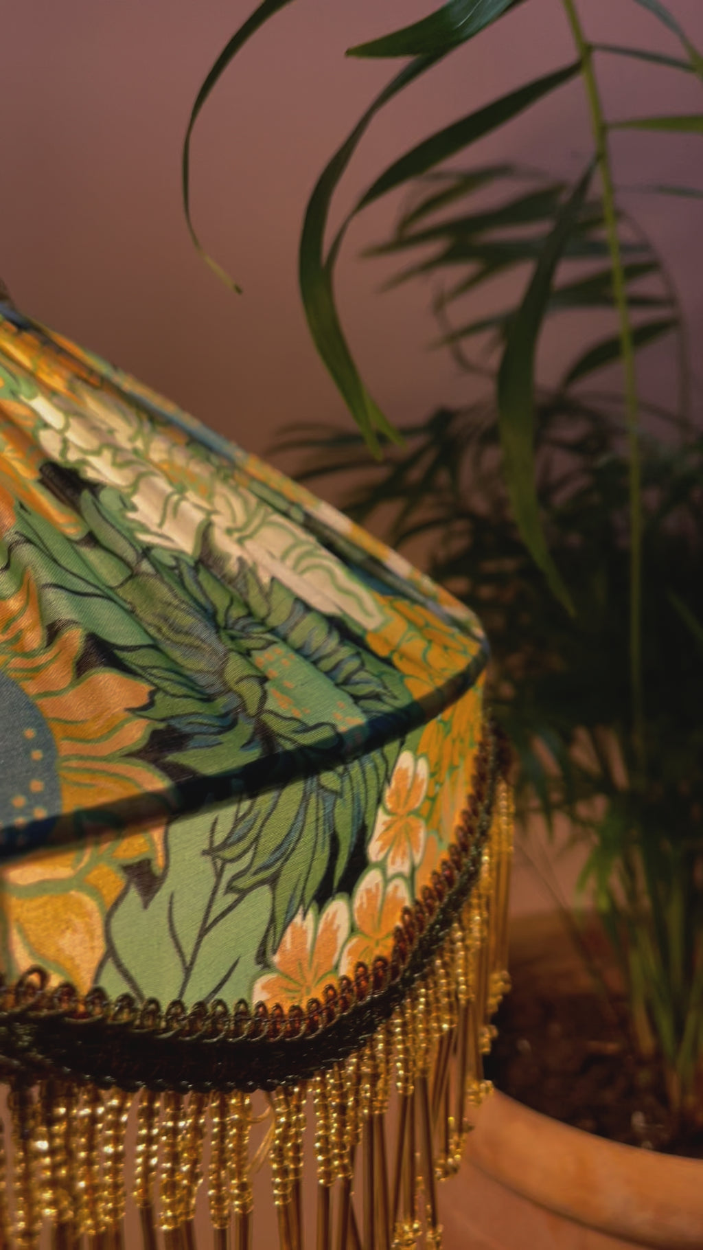 Handmade Floral Lampshade with Gold Bead Fringe
