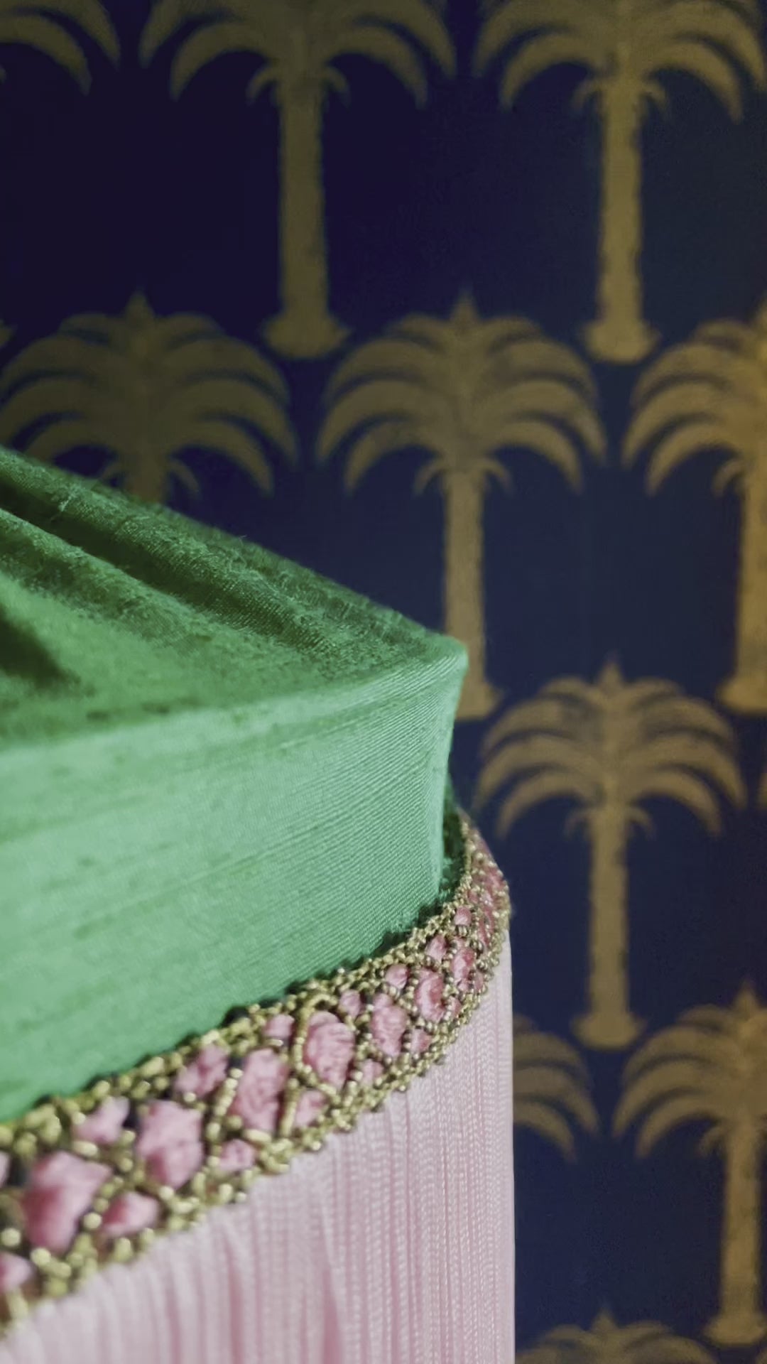 Handmade Emerald Silk  Lampshade with Bright Pink Silk Fringe