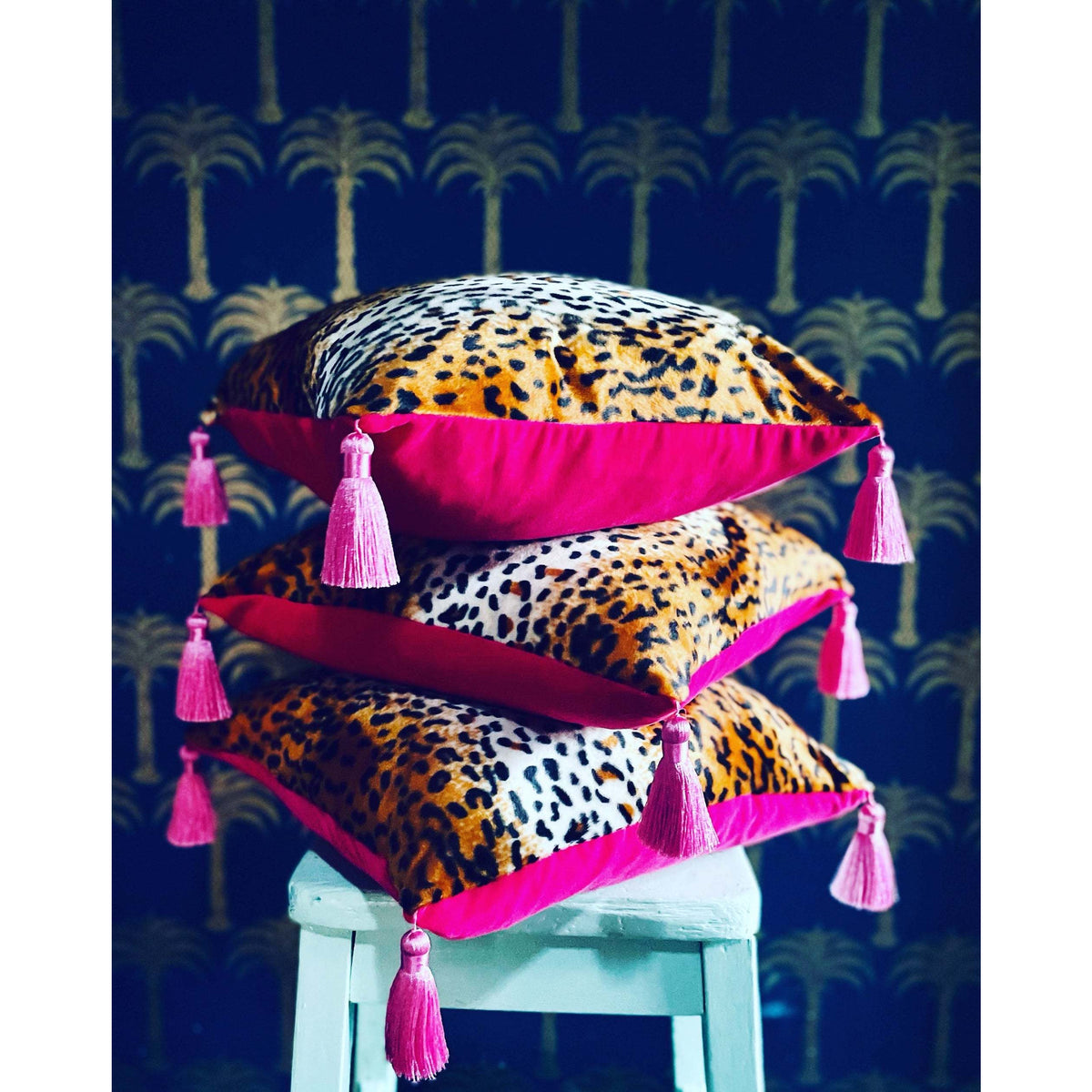 Handmade Soft Leopard Print & Hot Pink Velvet Tassel Cushion