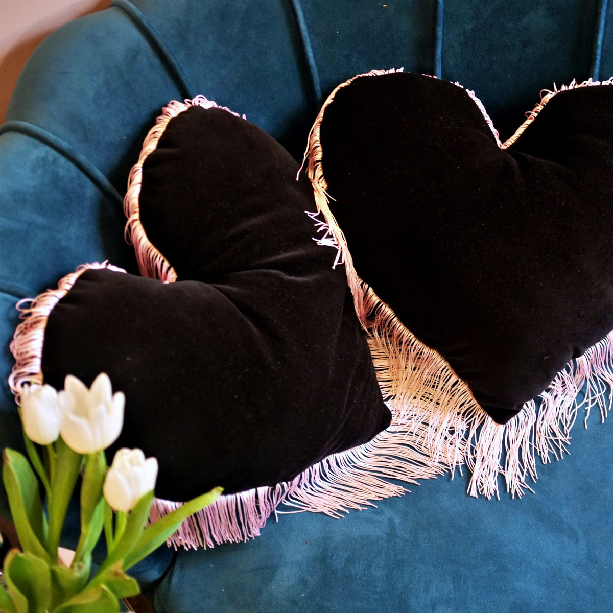 Handmade Velvet Fringe Heart Shaped Cushion