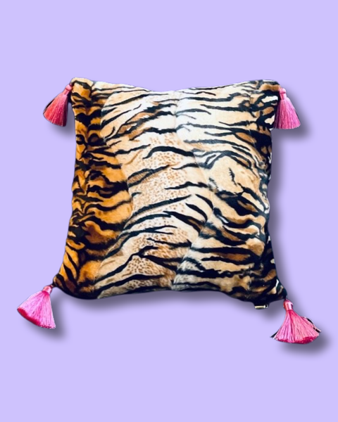 Tiger Print Velvet Tassel Cushion