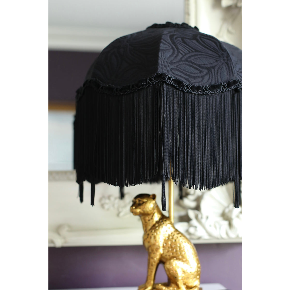 Handmade Black Fringe Lampshade with Extra Long Silk Tassels and Velvet Braid