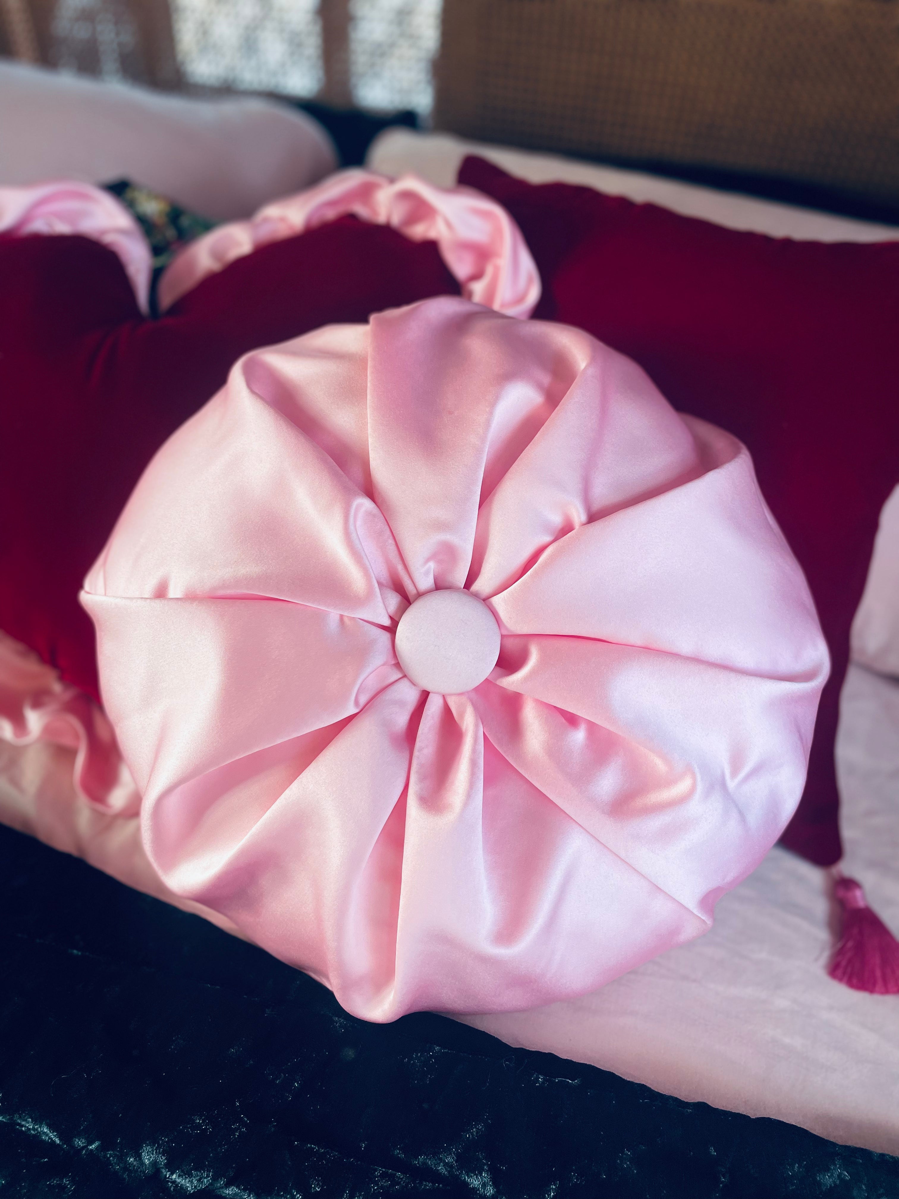 Handmade Pink Silk Duchess Round Cushion