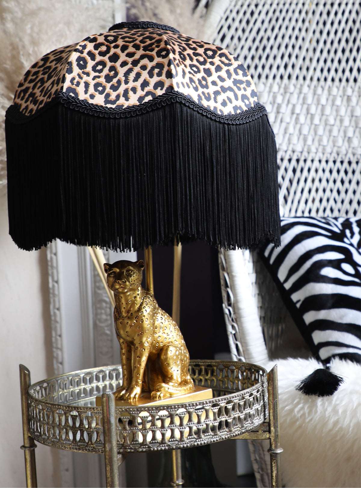 Yolke x Trash Velvet Handmade Satin Leopard Print Fringe Lampshade